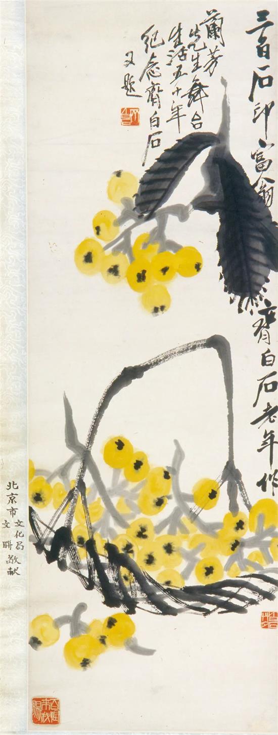 枇杷 齐白石 1955年103×34.5cm 纸本设色 梅兰芳纪念馆藏北京市文化局与北京文联敬献梅兰芳舞台生活五十年纪念